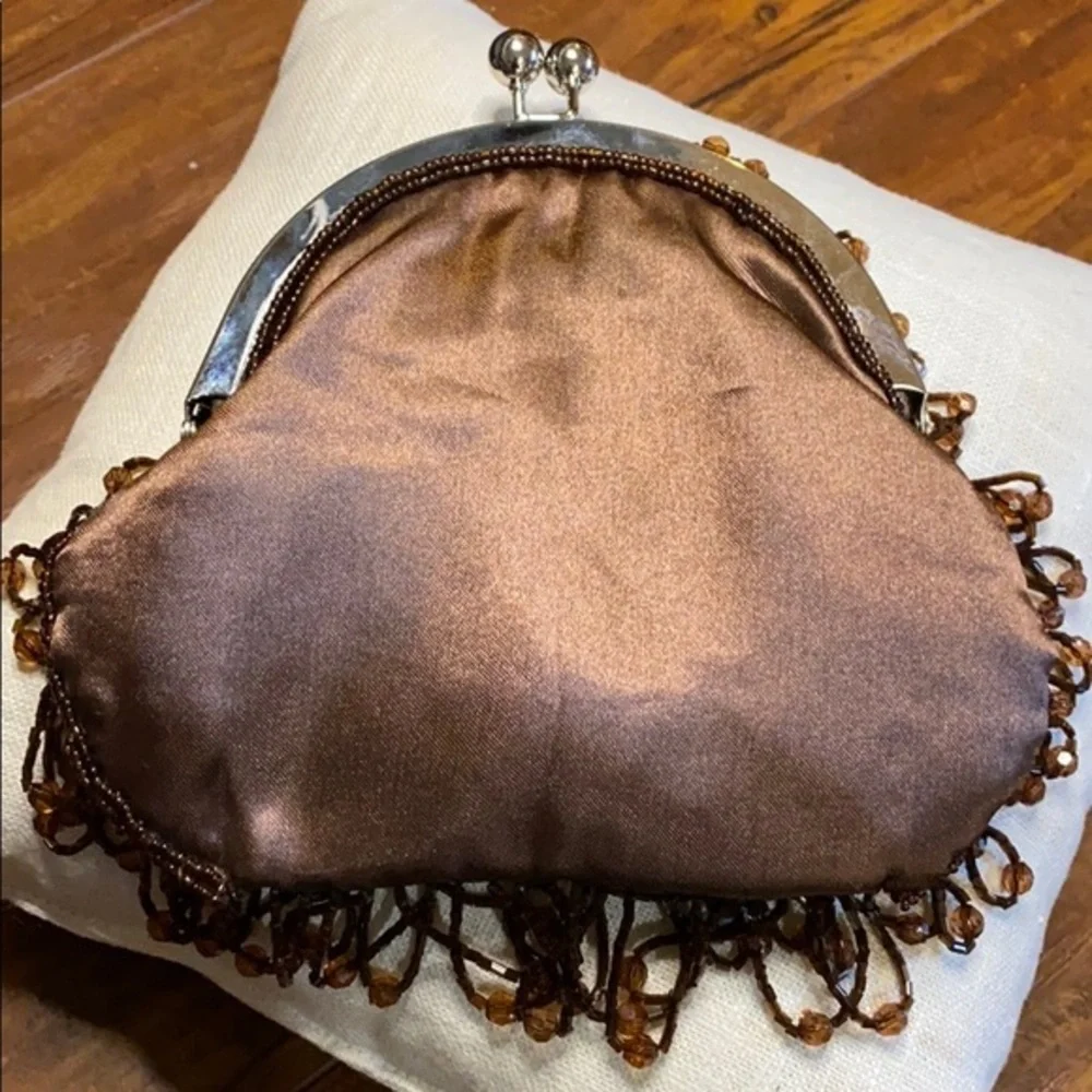 Bijoux Terner Brown Beaded Fringe Clutch Purse Chain Strap Evening Bag